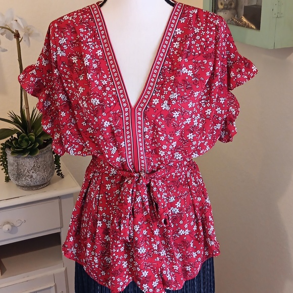 Max Studio Tops - Max Studio Red Floral V-Neck Tie-Waist Blouse